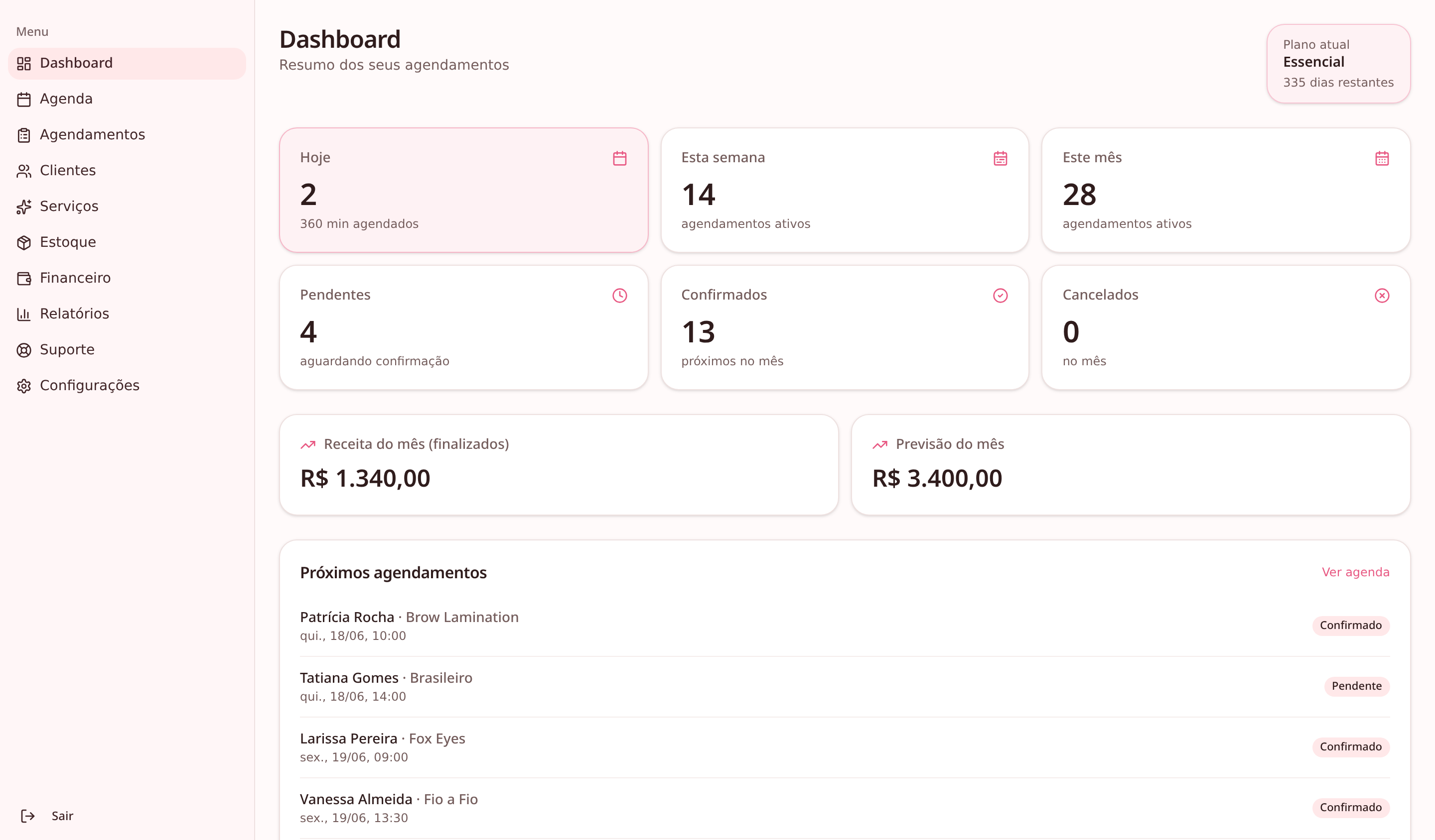 Dashboard do AgendaLash com resumo do dia, faturamento e próximos agendamentos